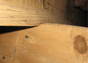 A failing girder showing signs of compression damage in a Three Lakes home